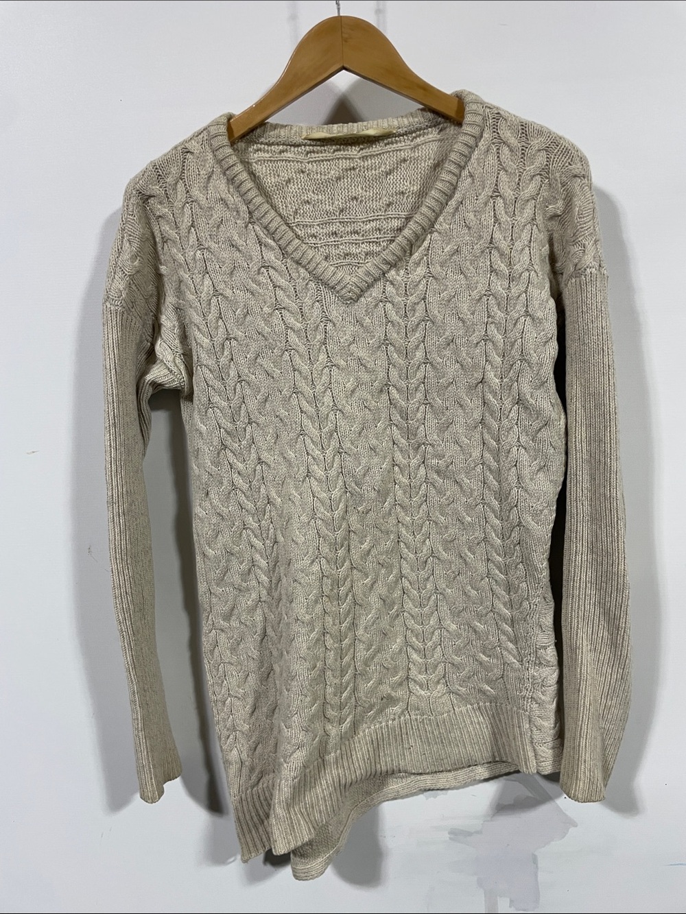Athleta Women's Cable-Knit V-Neck Sweater in Beige